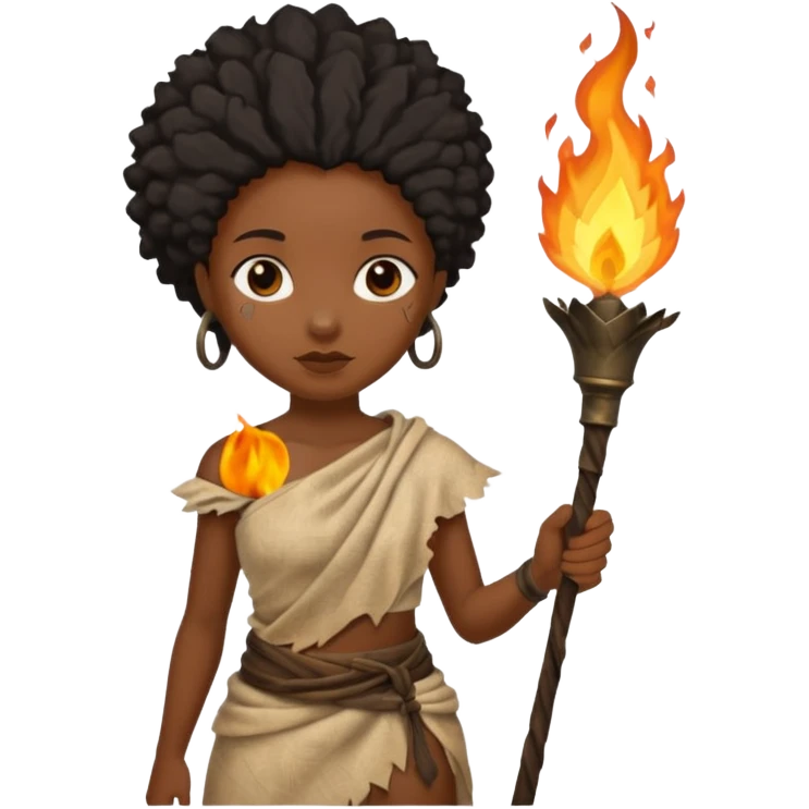 ancient black girl, tattered leaf cloth, hold a torch emoji