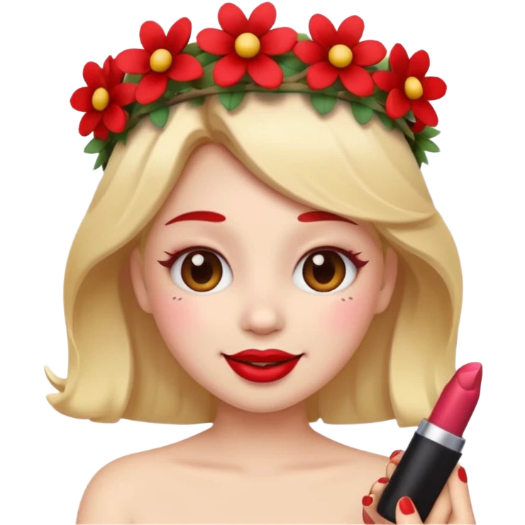 girly girl emoji, with a flower crown, winking, holding a lipstick emoji