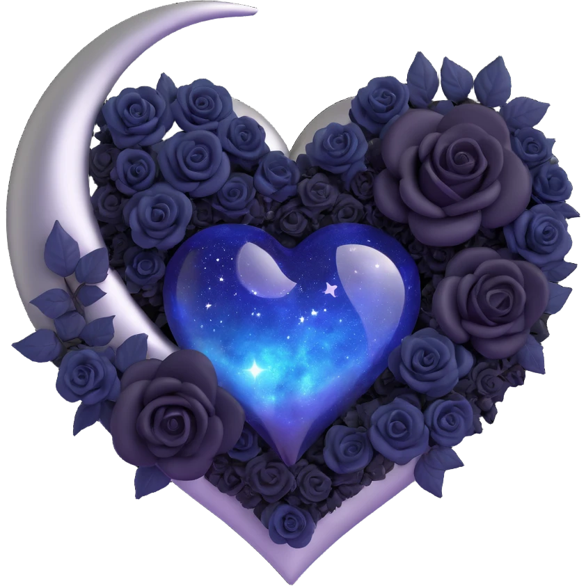 3D emoji gothic heart, midnight blue glass texture, silver crescent moon, tiny black roses, mysterious and rich style, swirling galaxy background emoji