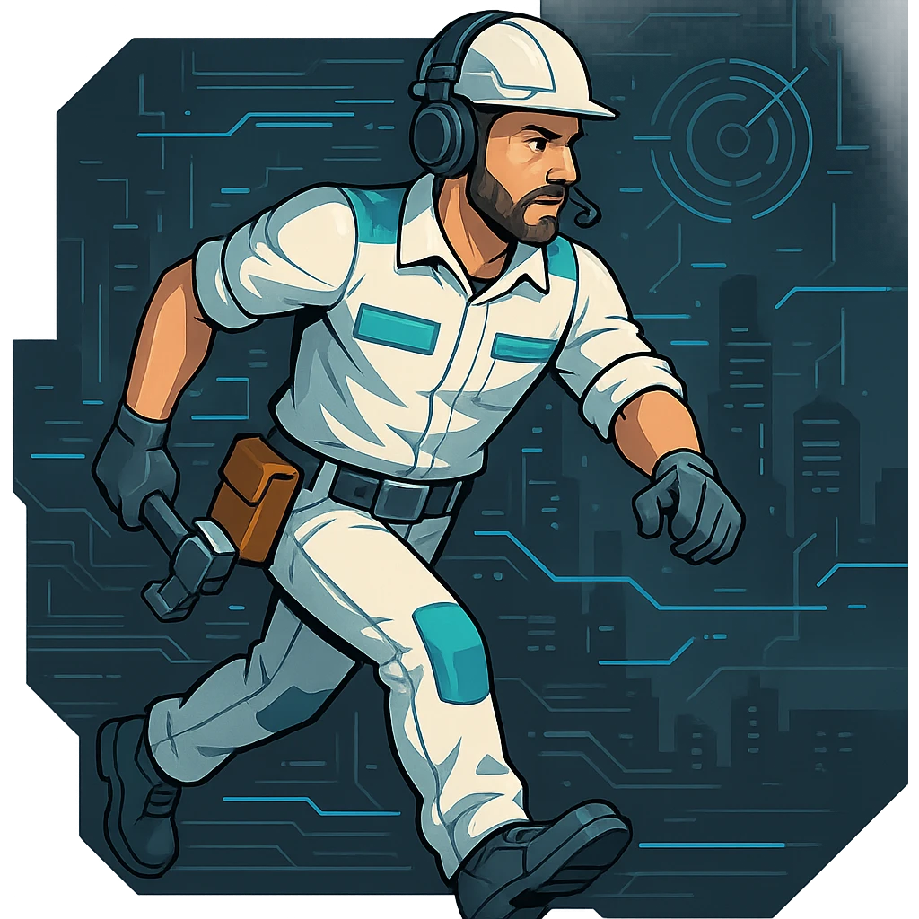 A 35-year-old male builder character with light skin in high-tech style with dark gray headers, cold blue links, warm white text, dark gray background, and teal accents. The character should be shown in a dynamic pose, suggesting movement and activity, with a background that includes high-tech elements and a futuristic cityscape. emoji