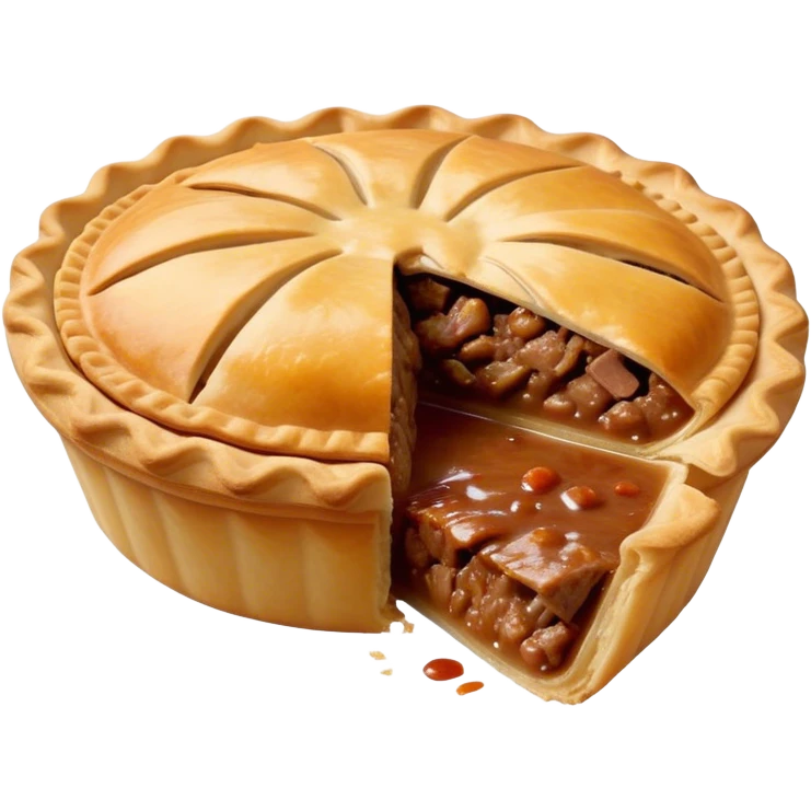 Cinematic Realistic Meat Pie Dish Emoji, showcasing a flaky pastry filled with rich, hearty meat gravy, rendered with lifelike detail and warm, inviting lighting. emoji
