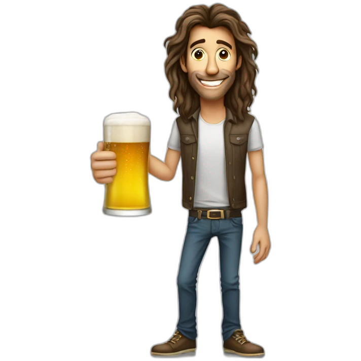 tall crazy very skinny guy with funny long hair with a glass of beer emoji