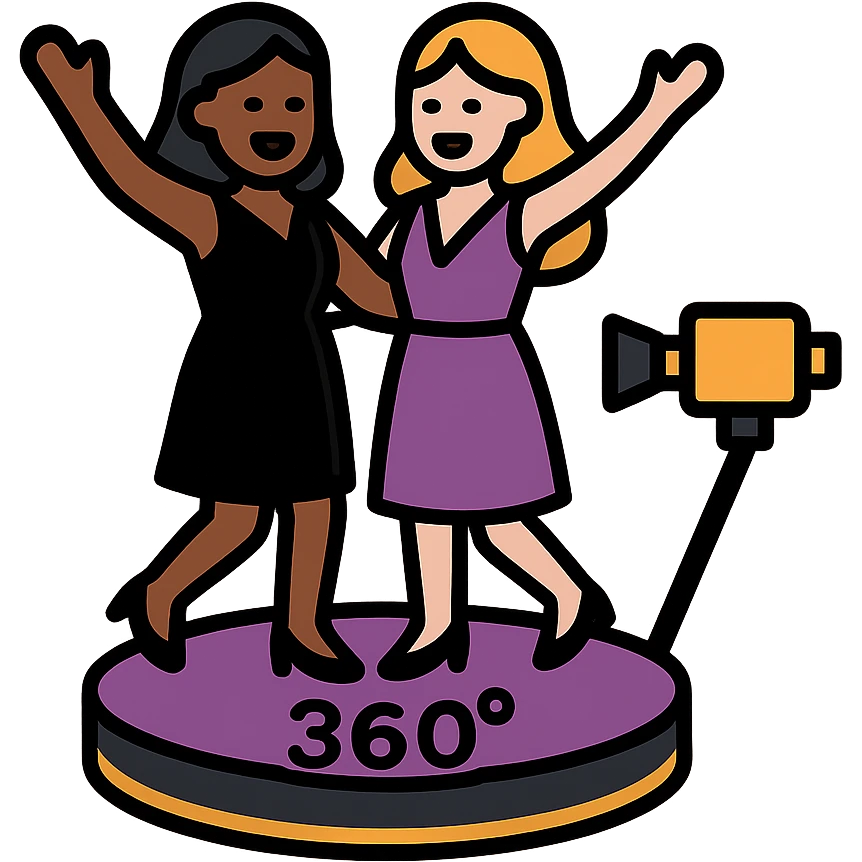 small simple icon of a 360 spin booth with two women, one Black and one White, having fun, dressed elegantly, purple gold and black accents, luxury event vibe emoji