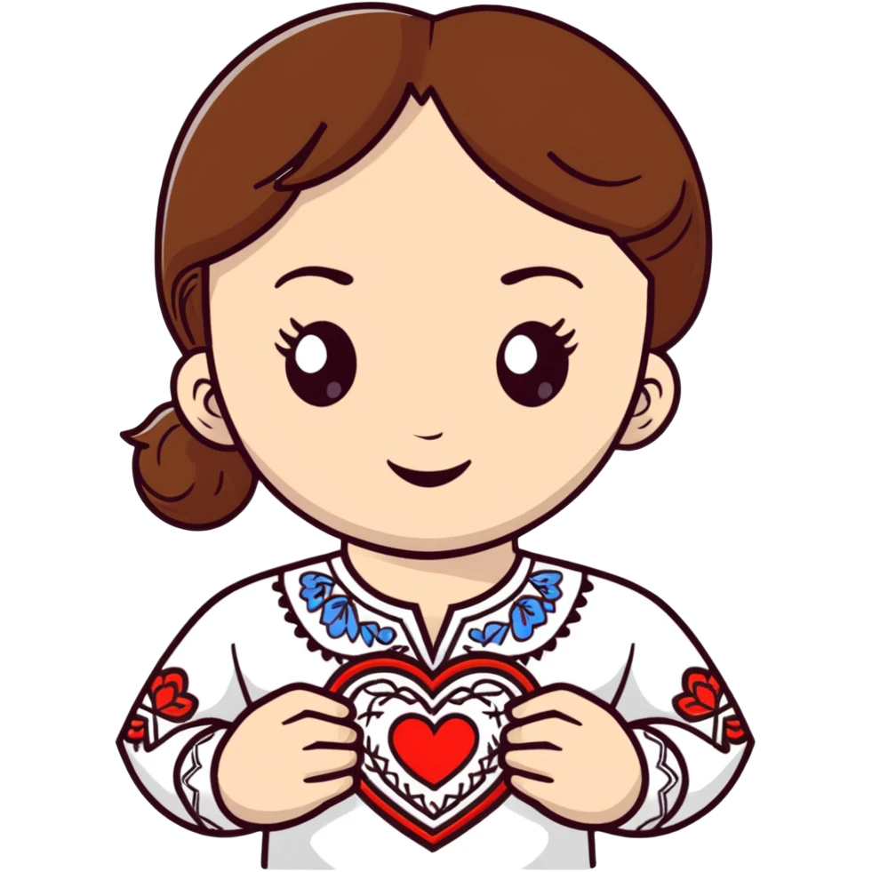 beautiful young girl with brown hair wearing a white Ukrainian embroidered shirt with a big heart design emoji