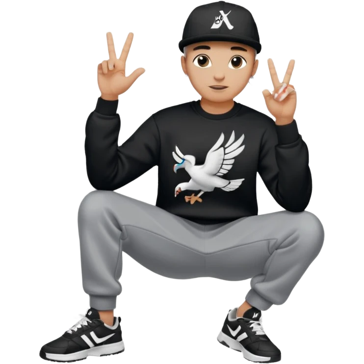 Crea Un Emoji De Cuerpo Completo Que Sea Hombre Con Corte Alucin Que Tenga Gorra Nike, Suéter Negro Que Tenga La Letras LA El La Parte Del Corazón, Zapatos Adidas Con Una Palomita✅, Pantalón Ancho O Bellaco Con Unos Diseños De Palomas Blancas Y Asiendo Una Pose Con Su Mano Que Sea Está 🤙🏽. emoji
