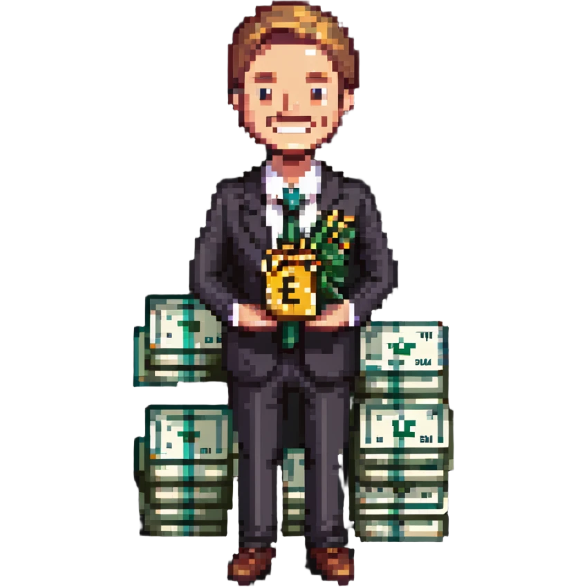 billionaire character wearing a suit and tie with a confident smile holding a stack of money or gold emoji