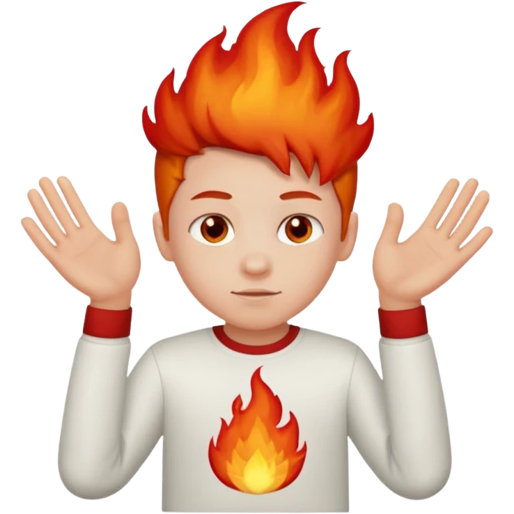 A boy with no hands fire instead made out of red fire and the boy is wearing a shirt that says FIRE C emoji