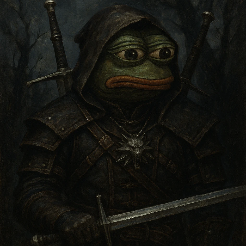 Пэпэ in The Witcher style, with a dark fantasy look and a silver sword emoji