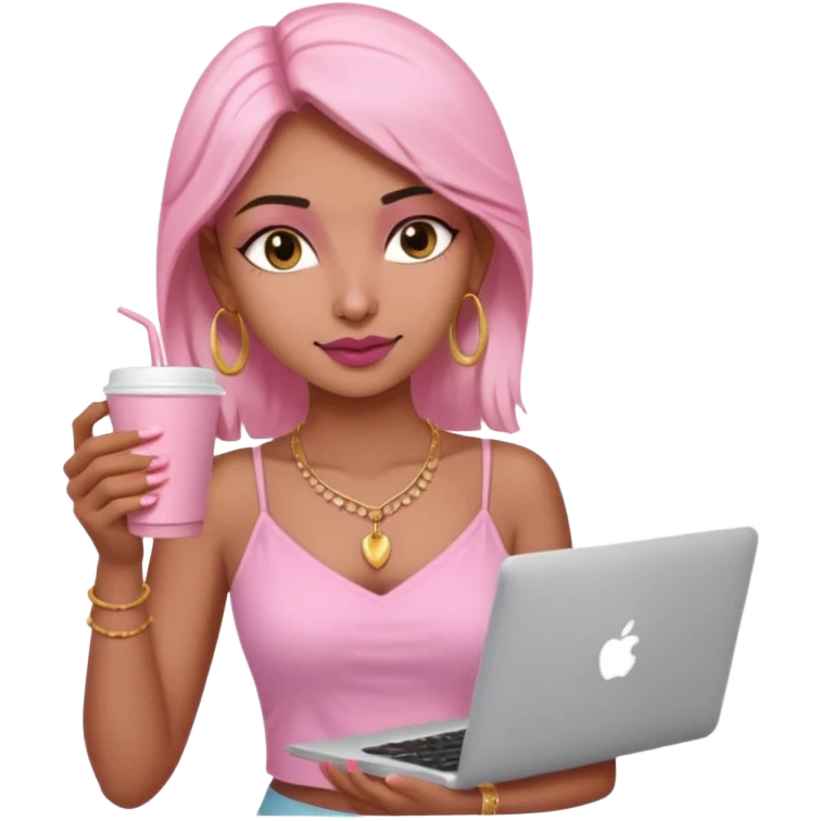 a pretty fair indian bratz girl with a pink cami top, drinking takeaway brown coffee, golden dainty necklace and carrying a white macbook emoji
