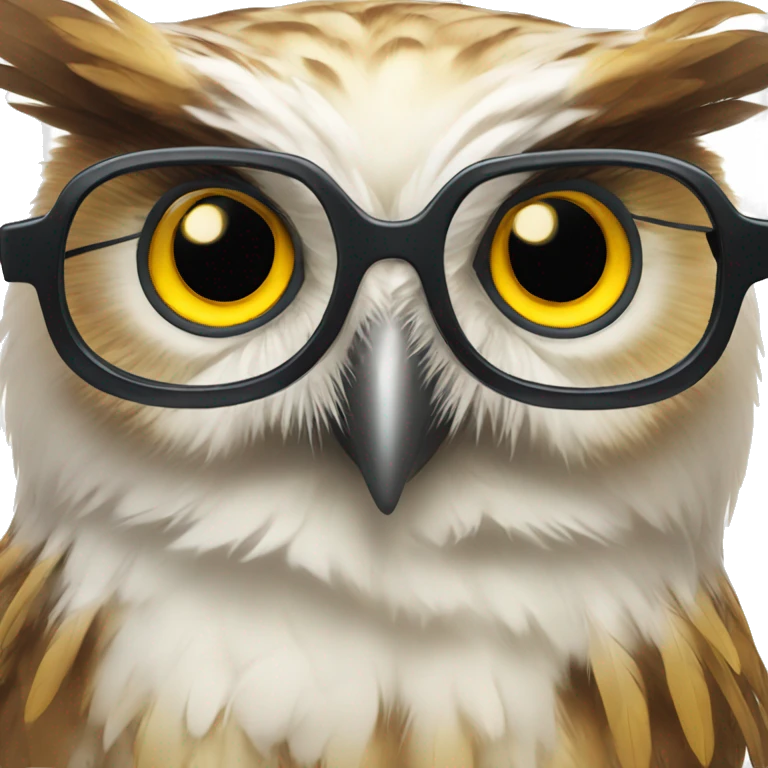 owl head with glasses and yellow eyes, brown and white feathers emoji