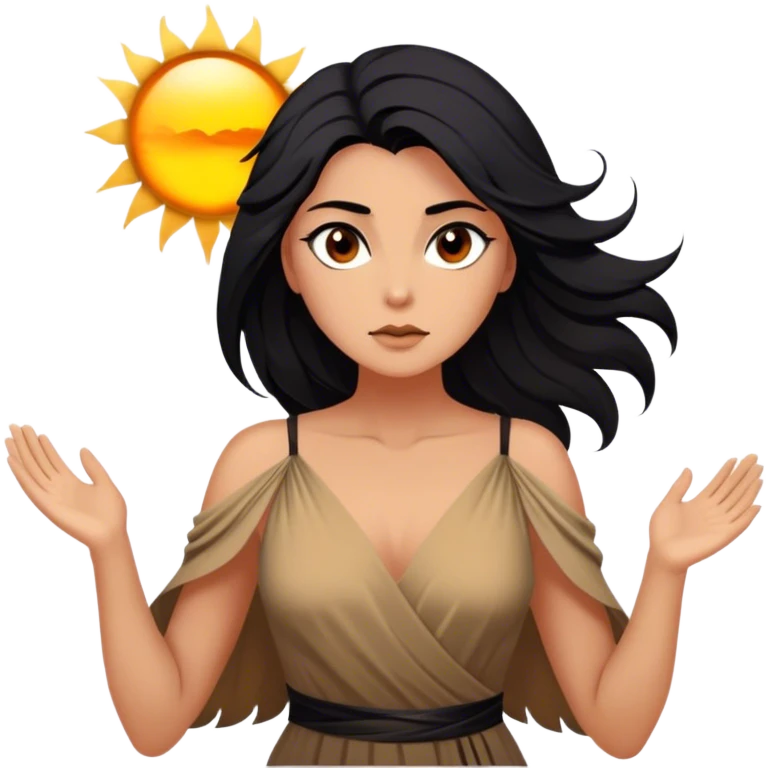Cinematic Stunning Pocahontas Portrait Emoji, Windswept raven hair flowing behind her, deep brown eyes filled with wisdom and strength, glowing sun-kissed skin, wearing her elegant tan dress, the spirit of the wild in her expression, breathtakingly majestic! emoji