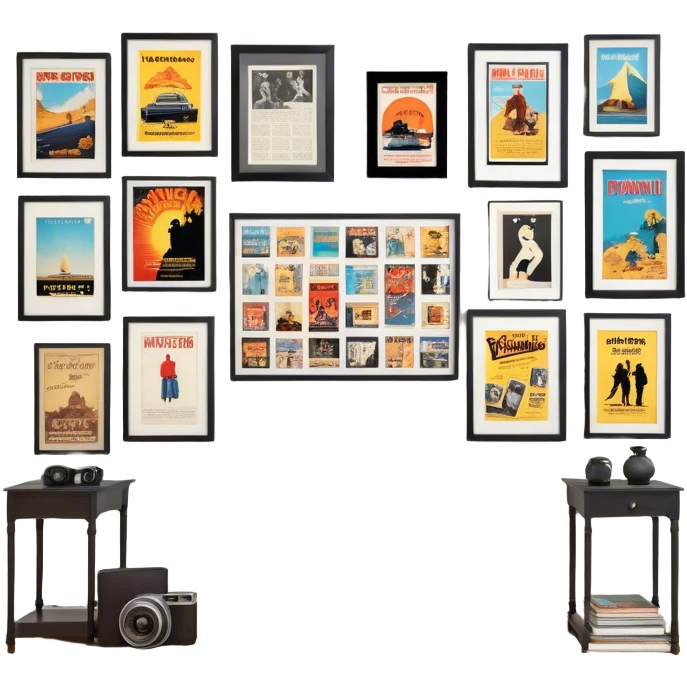 Icon for Photograph and Poster Collecting: a collection of photographs and movie posters, neatly displayed on a wall or in frames. The icon should evoke the nostalgia and artistic value of collecting rare images and posters. Transparent background. emoji