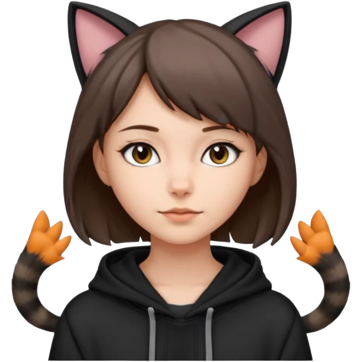 a girl with short brown hair, grey cat ears and a tail, with a black hoodie on  emoji