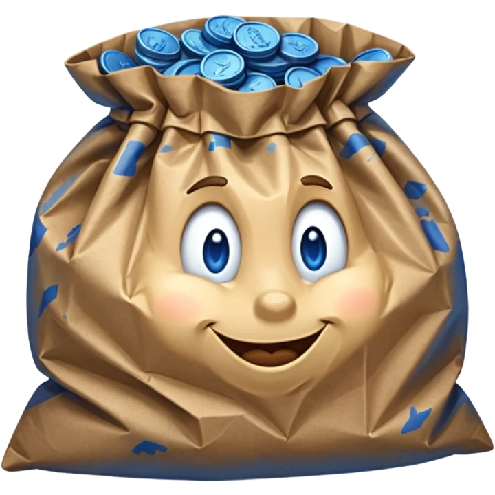 brown bag of blue coins emoji