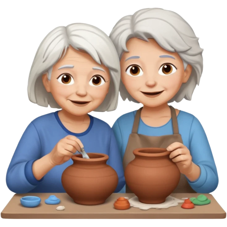 grandma with white hair and kid with brown hair doing potery emoji