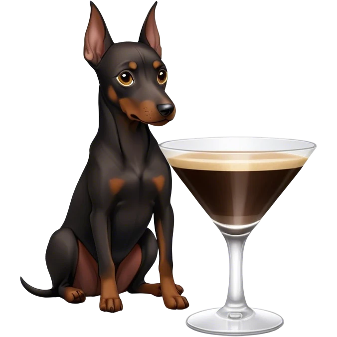 Black Miniature Doberman with cropped ears, sitting in an espresso martini glass emoji