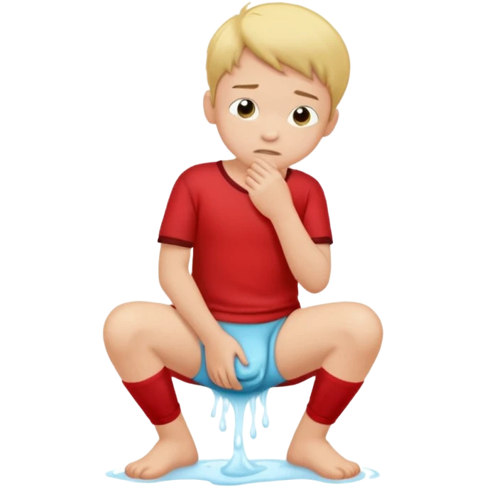A boy squating down pooping on his wet stinky underwear with a red shirt emoji