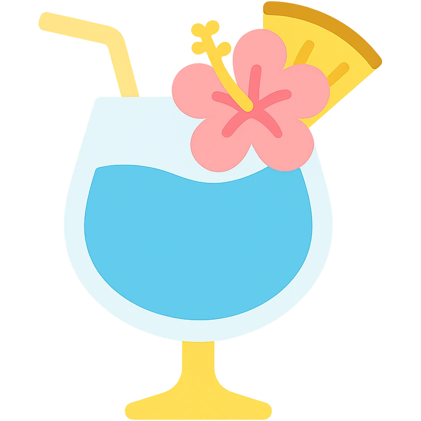 blue tropical cocktail with hibiscus and pineapple garnishes emoji