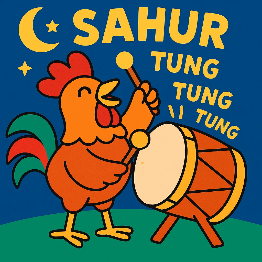 cute rooster with a drum beating it with 'tung tung tung' sound effects, celebrating sahur, bright and joyful emoji