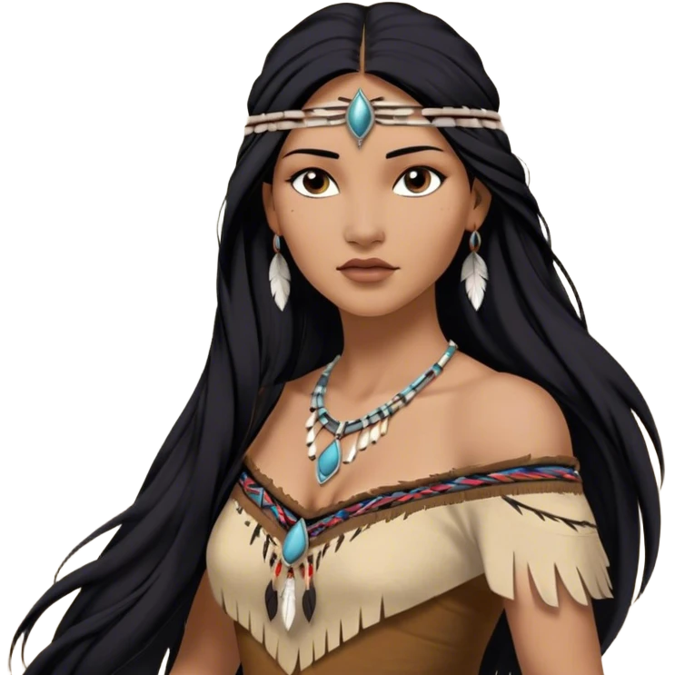 Cinematic Realistic Pocahontas Portrait, depicted with lifelike skin texture, soft natural lighting, and intricately detailed long, flowing raven-black hair that moves gracefully in the wind. Her deep, soulful dark brown eyes exude wisdom and strength, complemented by a serene yet powerful expression. She is dressed in her classic one-shoulder native american dress, with rich fabric textures and delicate beaded details that catch the light beautifully. The portrait features a soft, sun-kissed glow with a natural, radiant finish, capturing the essence of untamed beauty and deep connection to nature in a realistic and painterly style, evoking a sense of depth and authenticity. emoji