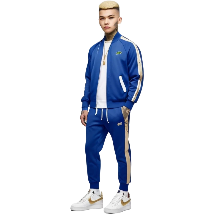 Capelli rasati ai lati con sfumatura, sopra corti e fissati con gel. Look curato e deciso. Indossa tuta firmata (Nike, Adidas, Lacoste, EA7) o jeans skinny, scarpe vistose come Air Force 1. Sempre presenti borsello a tracolla e collana d’oro E tatuaggi d’appertutto a mezzo busto emoji