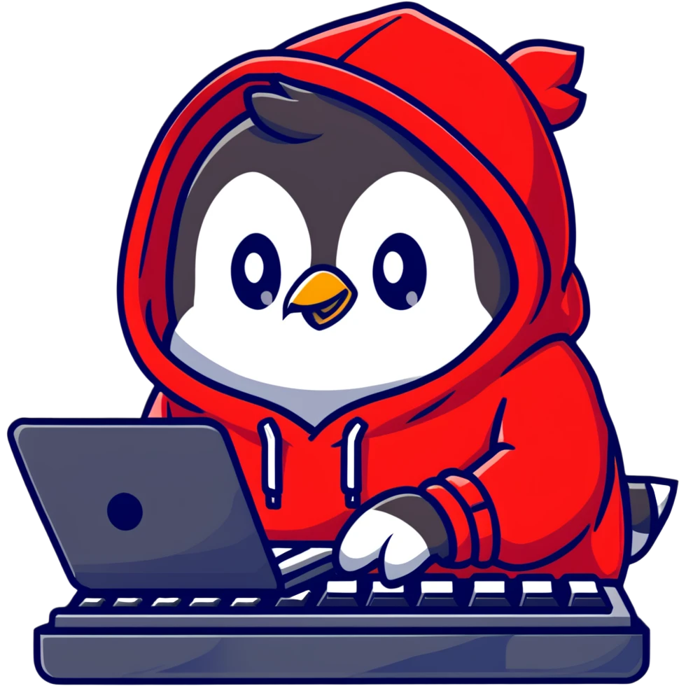 A penguin wearing a red hoodie looking focused while typing on a mechanical keyboard emoji