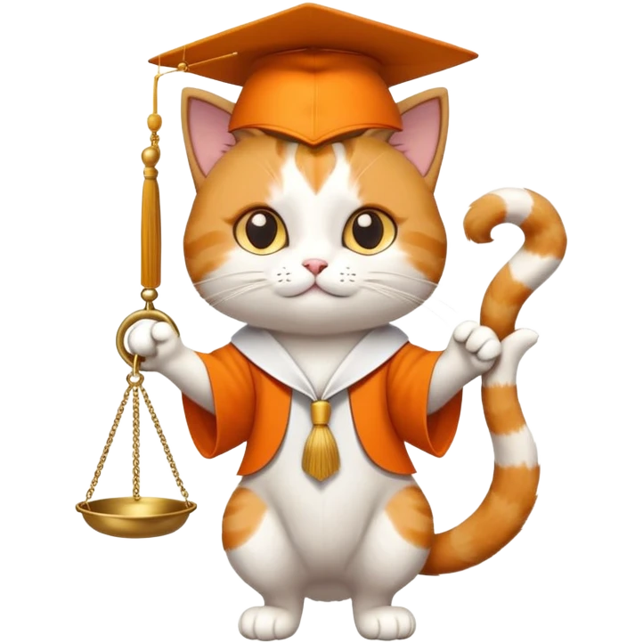 cat wearing a graduation cap, holding the scales of justice up with its tail emoji