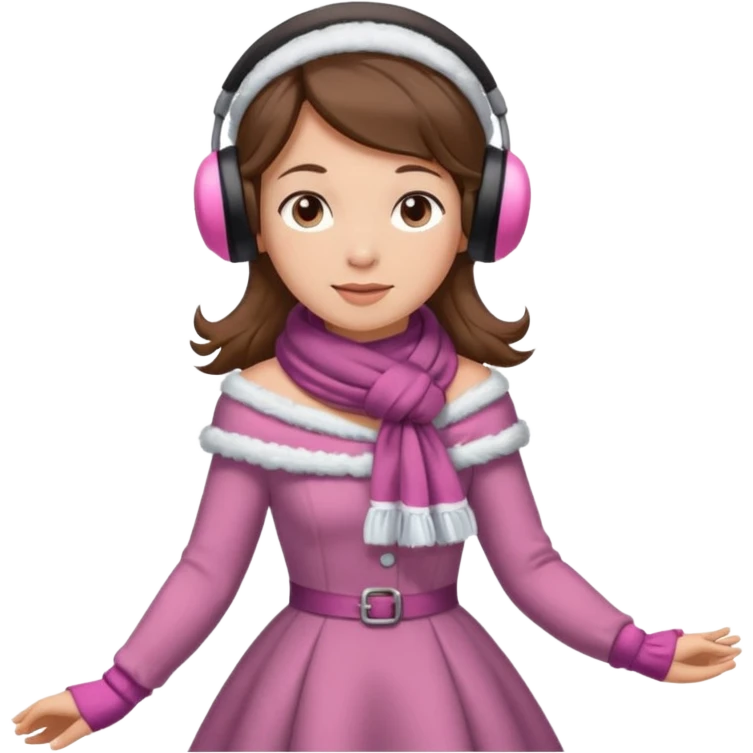 Victorian ice skater in a long dress. She is wearimg a scarf and earmuffs. She has boriwn hair. emoji