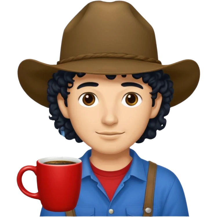 Ranch hand with blue hat and coffee mug, curly black hair, red shirrt emoji