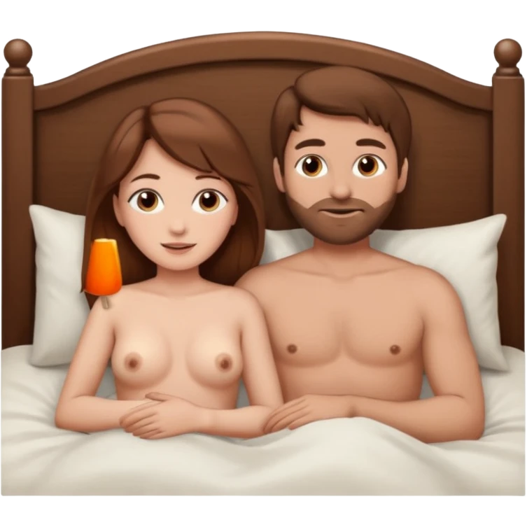 A girl with brown hair and a man with brown hair are lying together in bed.she is with naked boobs emoji