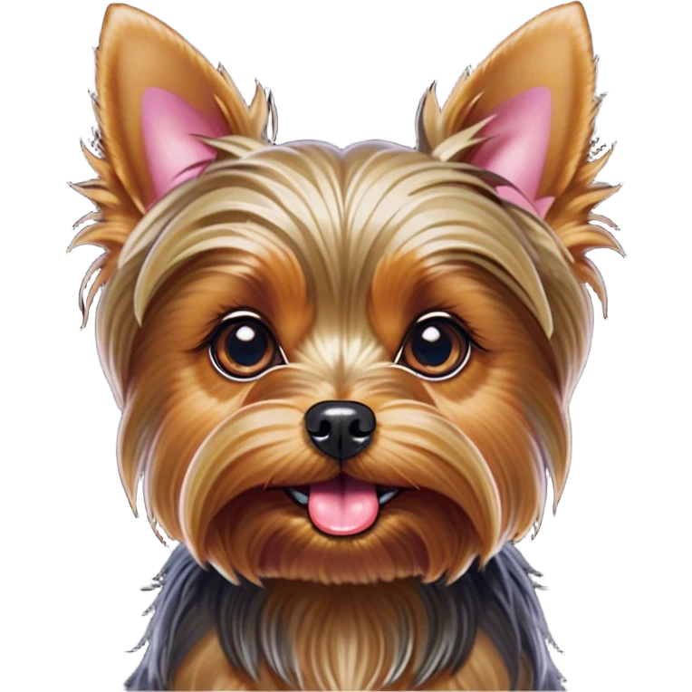 Cinematic Comical Yorkshire Terrier Portrait Emoji, Head tilted dramatically with an exaggeratedly surprised, comical expression and wide, expressive eyes, featuring a perky, well-groomed fur in rich hues, simplified yet hilariously detailed, glowing with a bold, sassy radiance, high shine, exuding playful mischief and cheeky terrier attitude, styled with a soft glowing outline, capturing the essence of a Yorkshire Terrier that appears ready to comically dash out of the frame! emoji