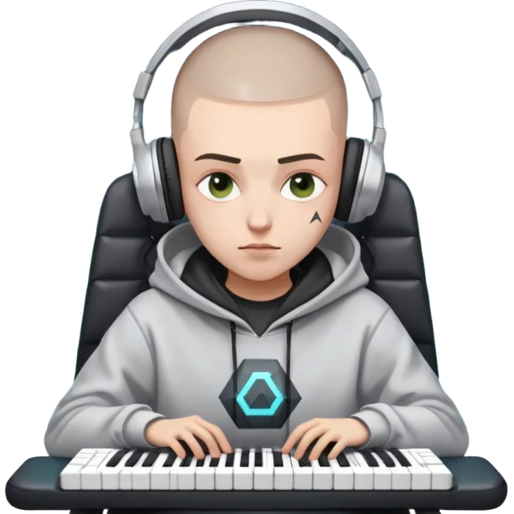 Hair: Faded buzzcut with geometric temple design Face: Puffy eyes, earphone indent on cheek Clothes: Hoodie with "DEV TEAM" logo in cracked print Action: Slumped in chair with glowing keyboard WASD keys emoji