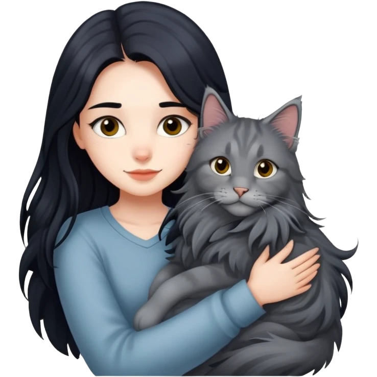 Beautiful girl with fair skin and long black hair hugs a gray Maine Coon cat emoji