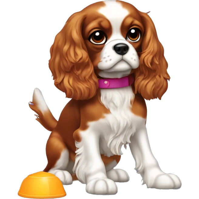 Cavalier King Charles spaniel playing with toy emoji