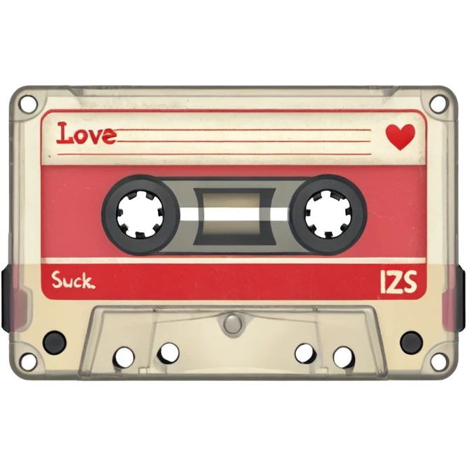 Isolated, rendering, vintage style music cassette tape, vintage appearance white label that reads "love sucks" on front emoji