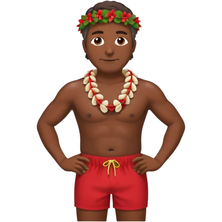 50 year old dark Hawaiian surfer with red shorts and a shell lei surfer  emoji