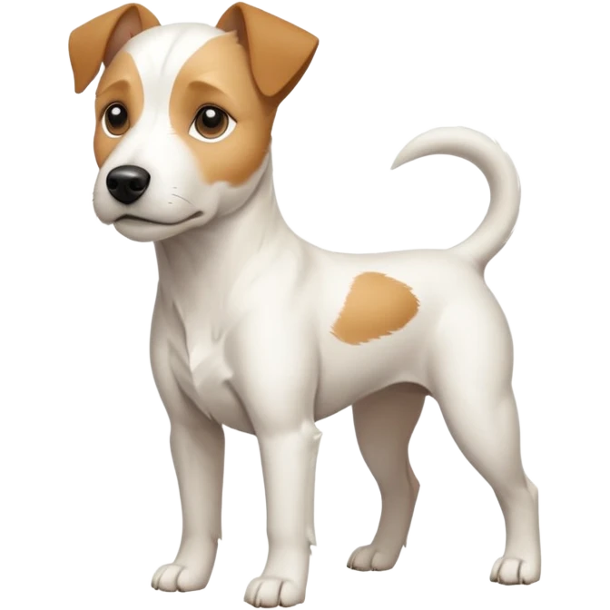 a full body buff white parson russell terrier looking dog the size of a kelpie with light brown long ears and a light brown patch on one eye and a large snout. the rest of the dog is completely white. forward facing emoji
