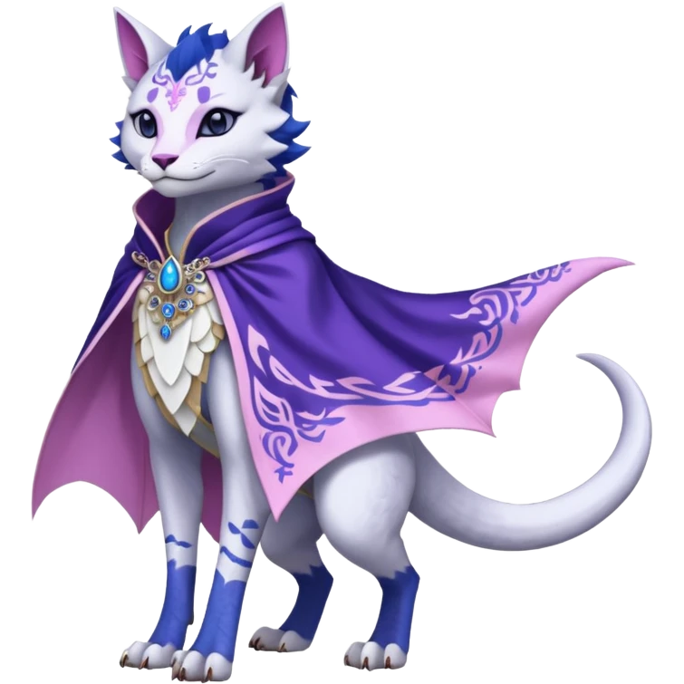 Kawaii white, indigo, purple, pink cute beautiful pretty elegant divine edgy feline-vernid-sergal-Haku-dragon-fursona-animal-creature, full body, with intricate detailed markings, Embroidered capelet, silken shawl emoji