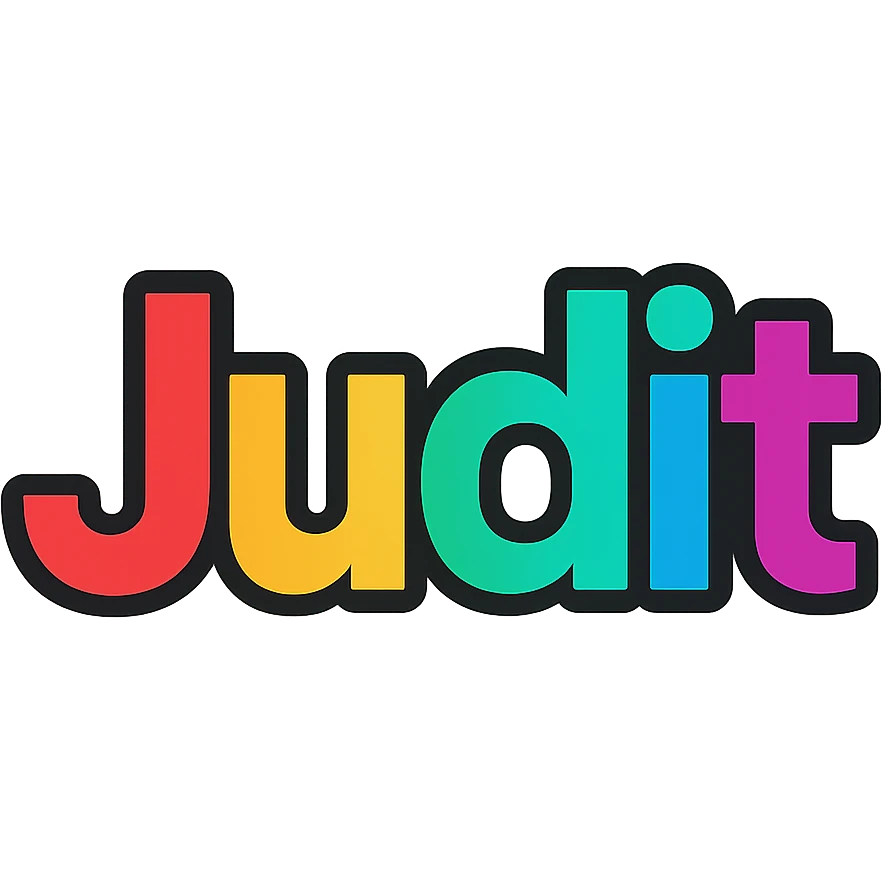 Judit name in colorful gradient modern font with dark outline, transparent background, in the style of sample images emoji