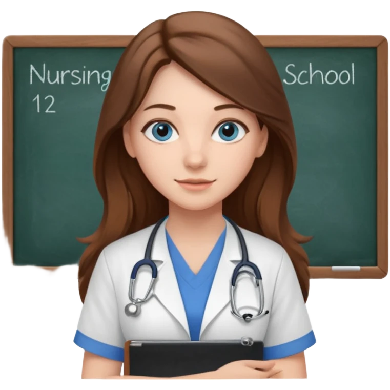 university classroom that says nursing school on the blackboard with a pretty female nursing student with long brown hair, blue eyes emoji