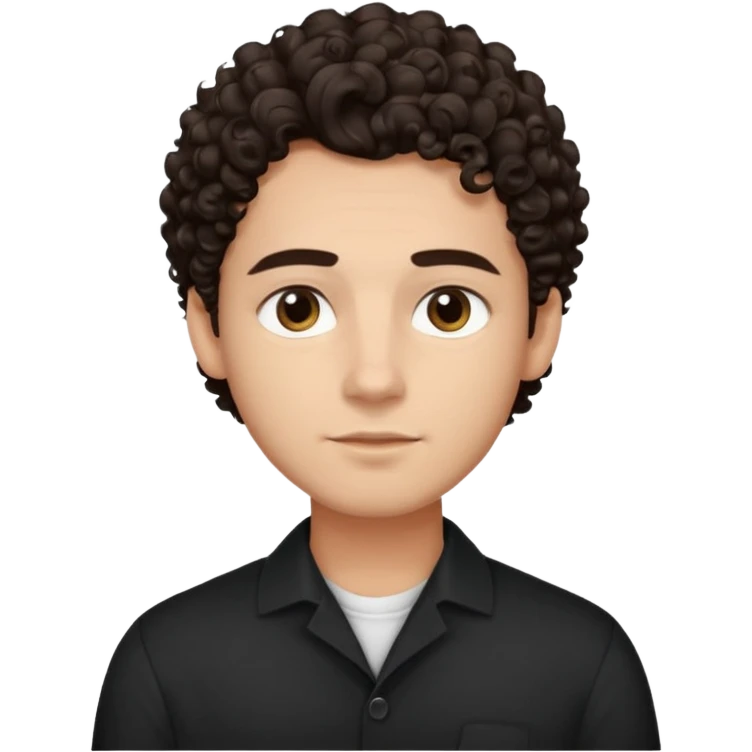 He’s a young man with light to medium skin, a defined oval face, full brows, deep-set eyes, and voluminous curly dark brown hair styled with height. expression calm and focused relaxed black open-collar shirt.polished, articulate, and professional vibe. emoji