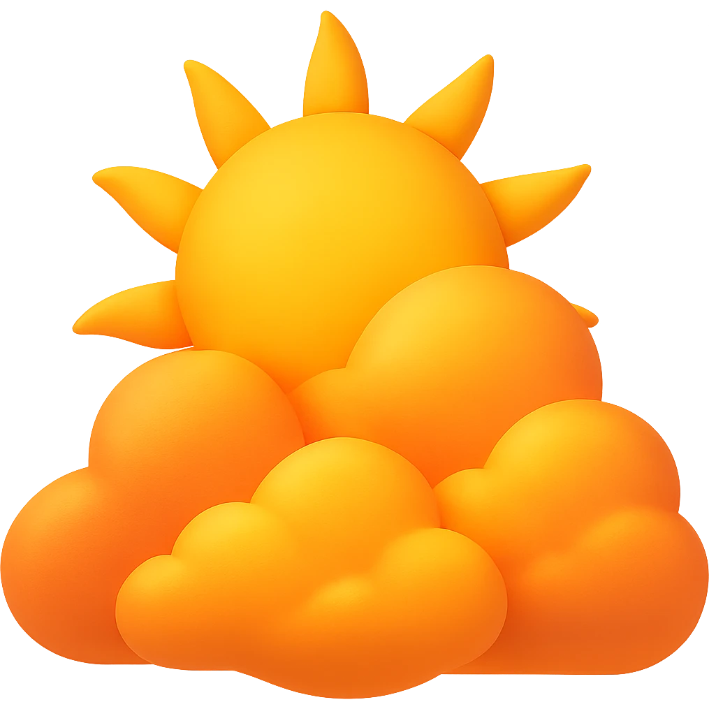 Edit the image to show sunrise colors in fluffy clouds with a bright sun, no face, in emoji style. Remove the background. The style should resemble emoji style with bright and warm sunrise colors in the fluffy clouds and bright sun. emoji