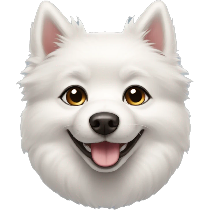 Little white Pomsky dog with black eyes smiling emoji