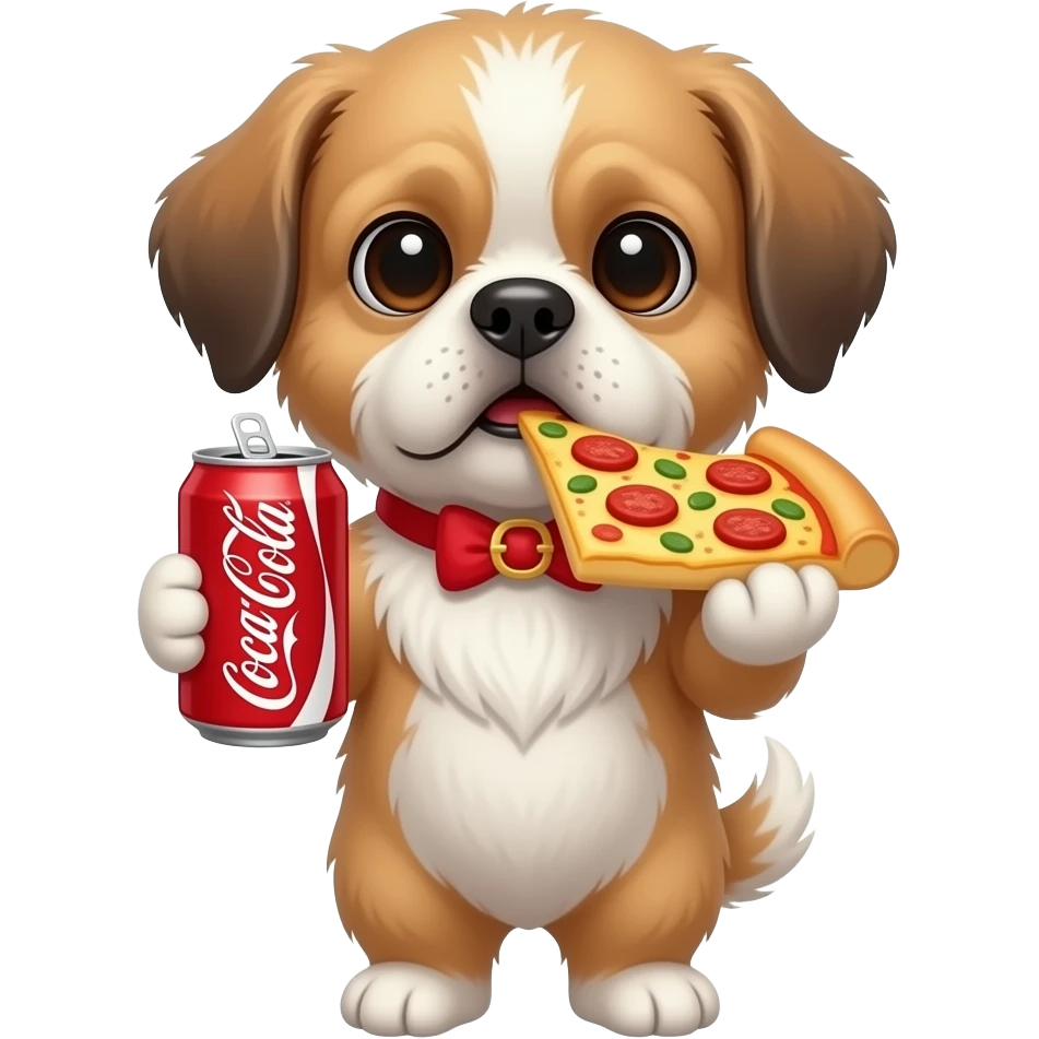 A Shih Tzu holding a can of Coca Cola and eating pizza emoji