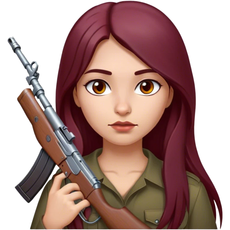 emoji of girl with an ak47 in hand with maroon dark long hair in a middle part with straight nose hazel eyes medium perfect eye brows with  a nose ring silver on the right nostril  emoji
