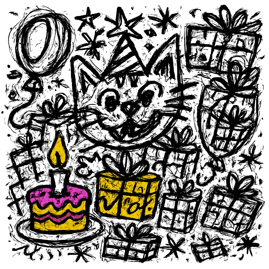 Make the birthday cake more colorful while keeping the chaotic outlined style and all other elements intact emoji