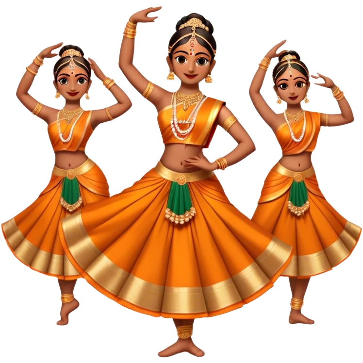 Cinematic Realistic Bharatanatyam Dance Emoji, depicted as an elegant classical Indian dance performance with graceful poses, intricate costumes, and expressive hand gestures, rendered with rich textures and warm dramatic lighting that captures its timeless beauty. emoji