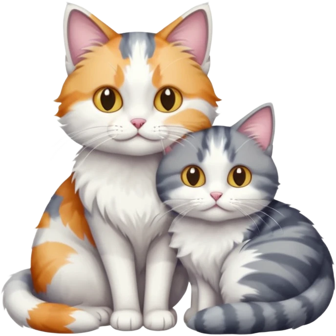 full body colourful light patched calico + white tabby cat cuddling a grey and white cat  emoji
