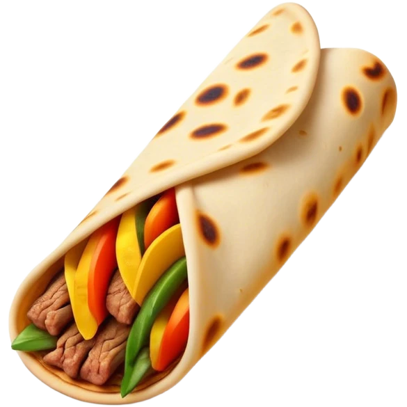 Cinematic Realistic Shawarma Dish Emoji, showcasing spiced, succulent meat wrapped in flatbread with fresh vegetables rendered with lifelike detail and dynamic, appetizing lighting. emoji
