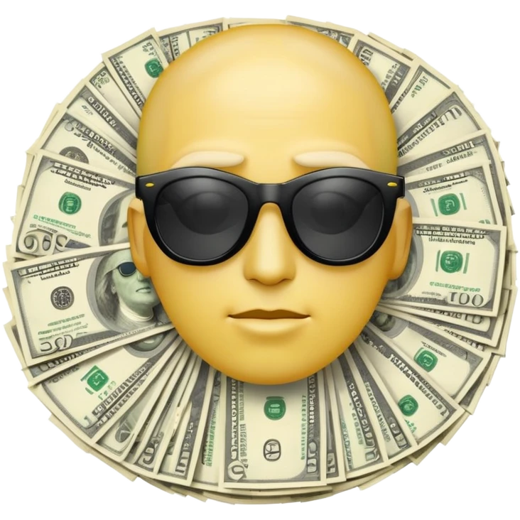 yellow head emoji with dollar bills for eyes, wearing slightly transparent black sunglasses, money symbols on face emoji